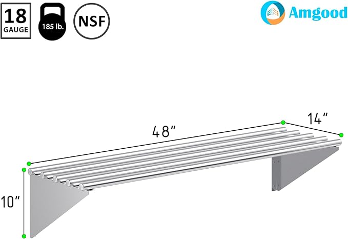 AmGood 14 in. x 48 in. NSF Stainless Steel Tubular Wall Shelf | Heavy-Duty