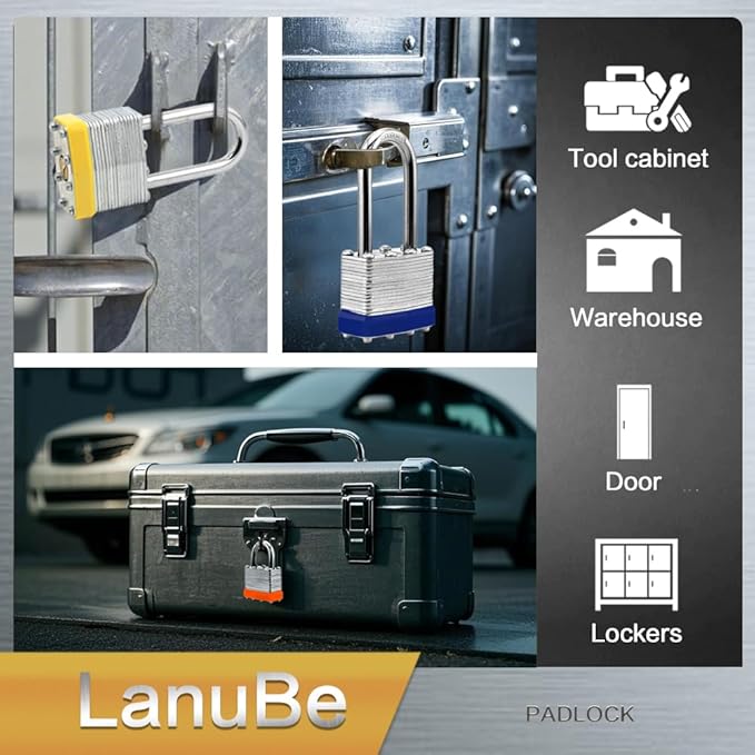 Lanube Lock 12-Pack Laminated Keyed Padlock Set 3 Colors, 2 Short 2 Long
