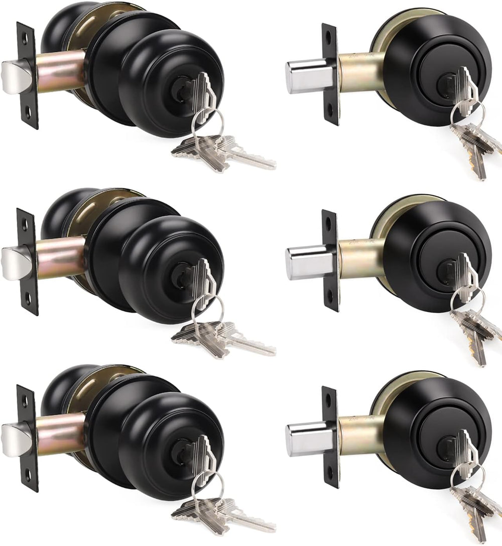 KNOBWELL 3 Pack Keyed Alike Entry Door Knobs and Single Cylinder Deadbolt Loc...