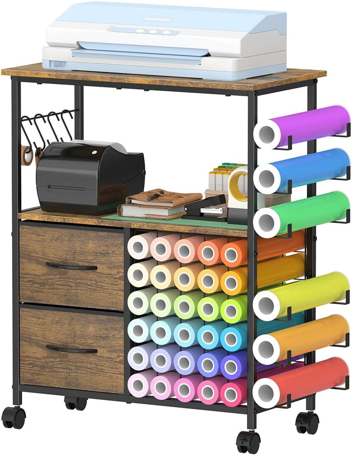 Storage Cart Compatible with Cricut Machines, 30 Vinyl Roll Holders with 2 Drawers, Mobile Rolling Craft Cabinet Table for Accessories Holder, Tool Hook for Craft Room Home, DIY