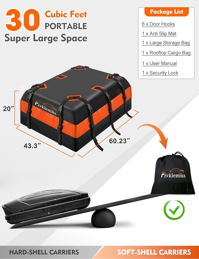 FIVKLEMNZ 30 Cubic Car Rooftop Cargo Carrier Roof Bag Waterproof