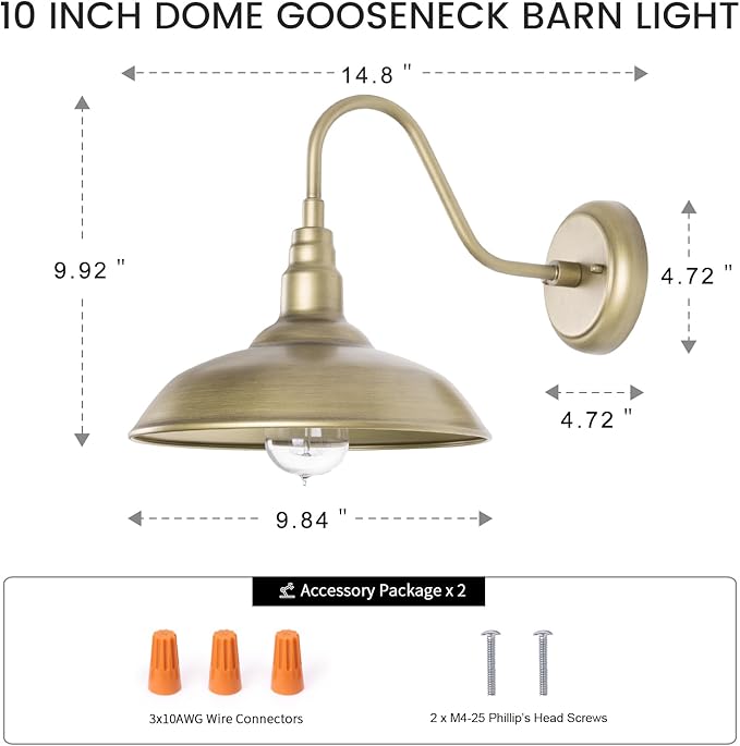 10 Inch Gooseneck Barn Light for Farmhouse, Brass Exterior Barn Style Light