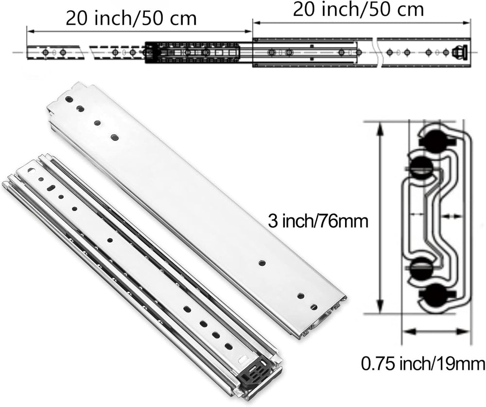 1 Pair 20 Inch 500 Lb Capacity Heavy Duty Drawer Slides with Screws,Side Moun...