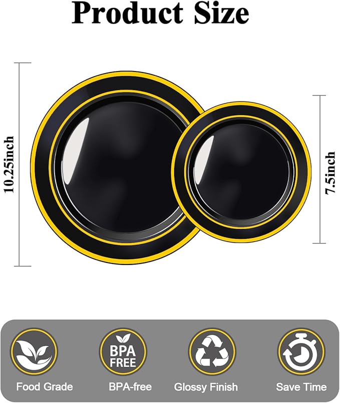 100PCS Black Plastic Plates Set with Gold Rim, 50 10.25 inch Dinner Plates an...