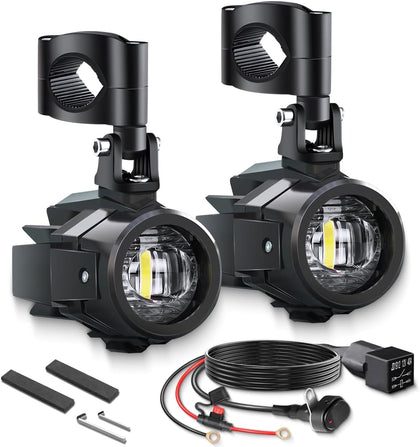 Motorcycle Auxiliary Lights Kit LED Spot Motorcycle Driving Fog Light Pods With Switch Wiring Harness Clamp Mount Brackets Kit for R1200GS F800GS ADV Adventure Touring Streetbike 40W, White