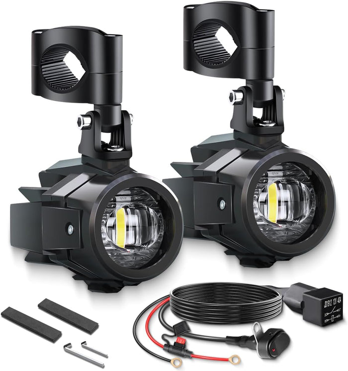 Motorcycle Auxiliary Lights Kit LED Spot Motorcycle Driving Fog Light Pods With Switch Wiring Harness Clamp Mount Brackets Kit for R1200GS F800GS ADV Adventure Touring Streetbike 40W, White
