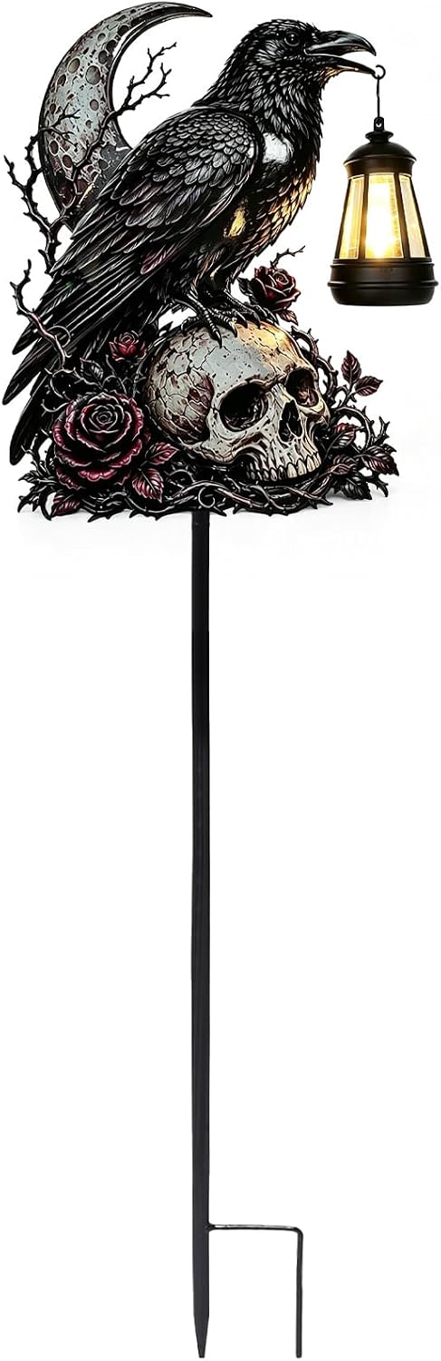 Halloween Garden Decorations Outdoor, Crow Skull Solar Garden Stake with Lant...