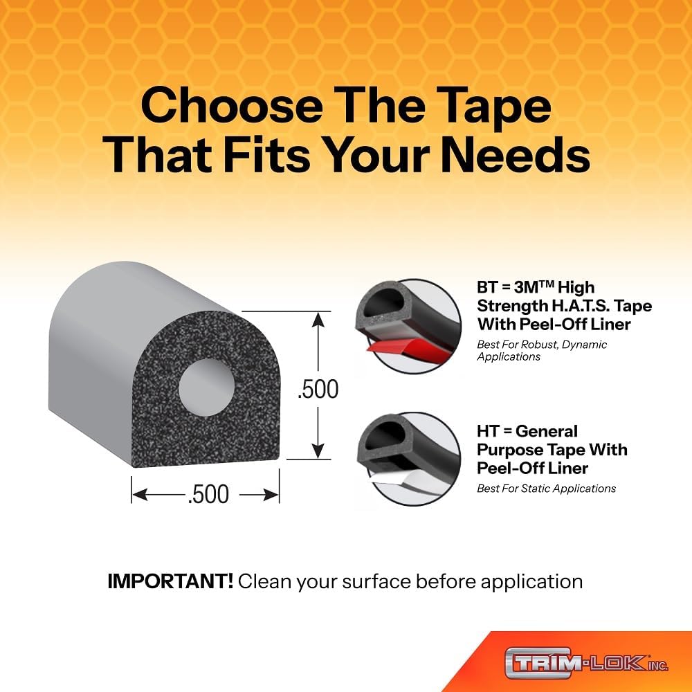 TRIM-LOK D-Shaped Rubber Seal with High Tack Tape, 0.215-Inch Height, 0.375-I...