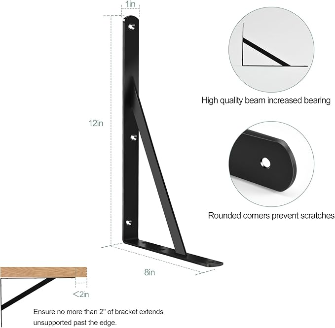 12 Pack L12 x H 8" Black Heavy Duty Shelf Brackets