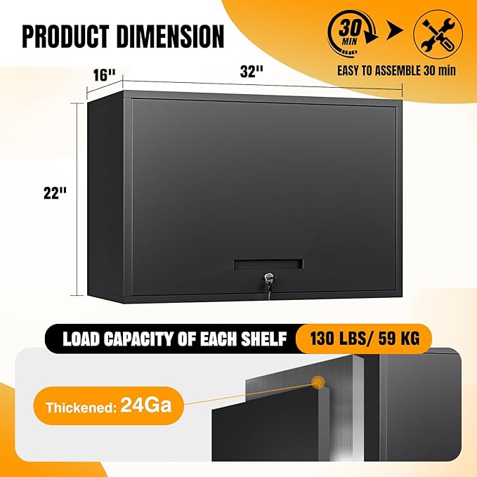 Metal Wall Storage Cabinet Adjustable Shelf 22'' Tall Steel Garage Wa...
