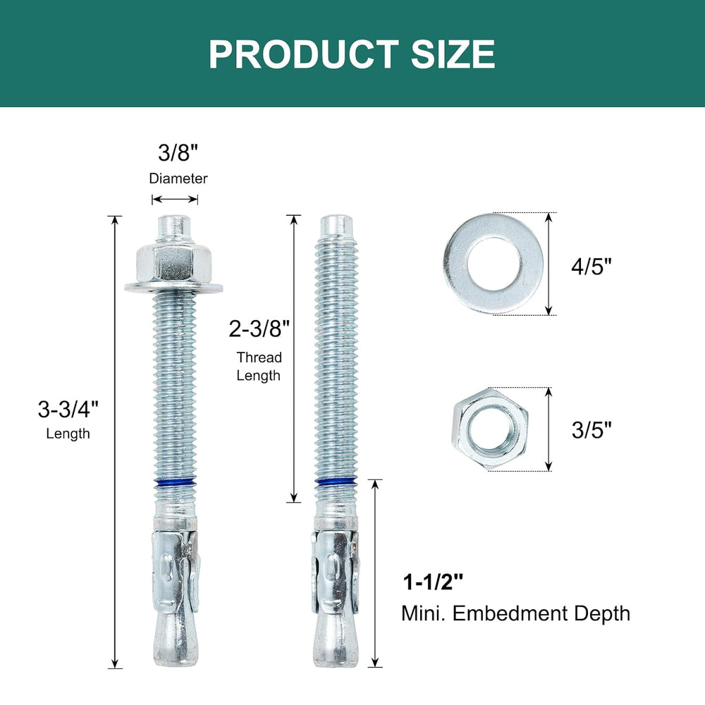 3/8" x 3-3/4" Concrete Anchors (50 Pack) 3/8 inch Wedge Anchors Bol...