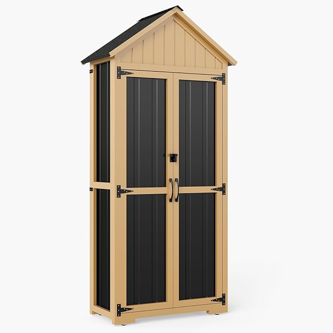 Outdoor Storage Cabinet with Shelf, Wood & Metal Storage Shed with Lockable