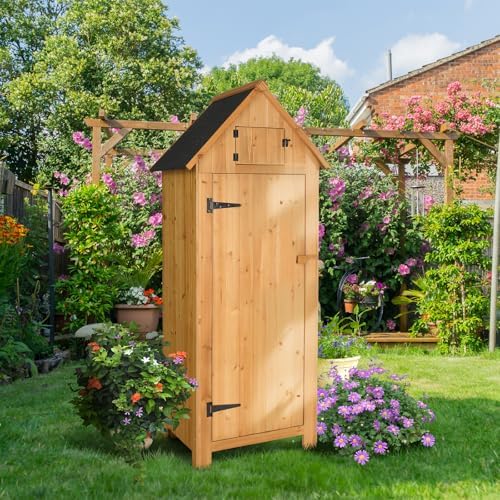 VINGLI Outdoor Wooden Storage Shed, Garden Shed Outside Tool Cabinet with Saf...