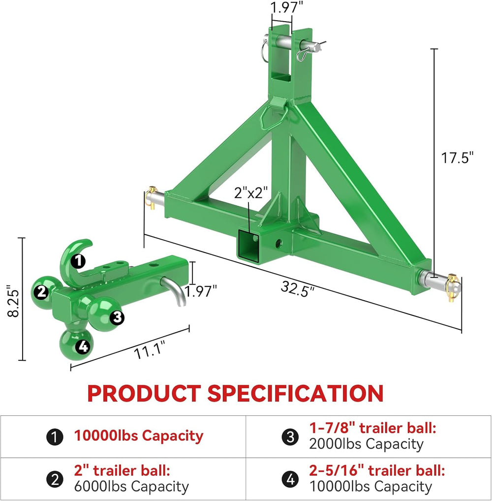 3 Point Trailer Hitch 2” Receiver for Cat 1 Tractor Quick Hitch Attachment