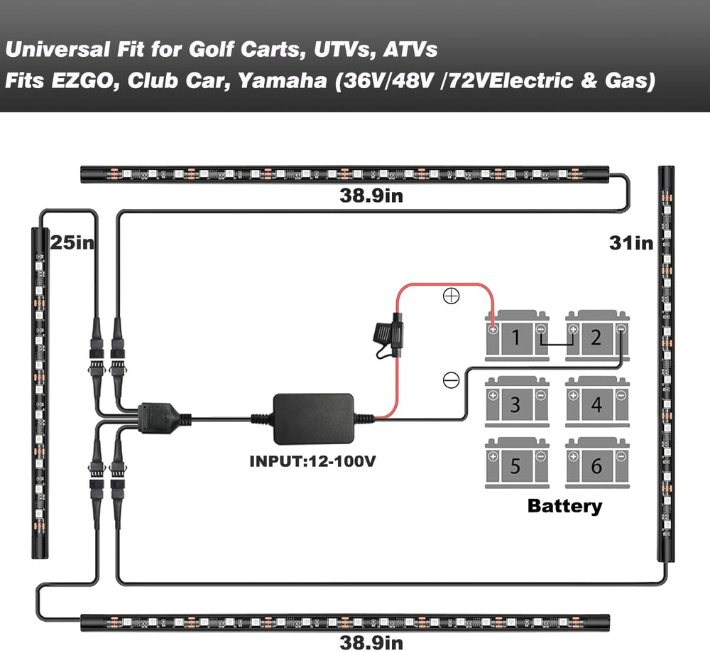 4PCS Golf Cart Underglow LED Light Kit with Built-in 12V-80V Voltage Reducer,...