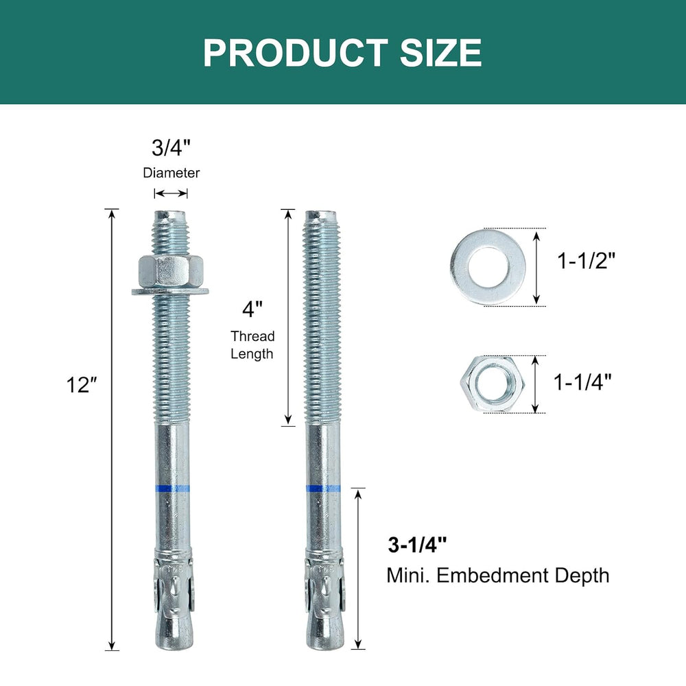 3/4" x 12" Concrete Anchors (10 Pack) 3/4 inch Wedge Anchors Bolts ...