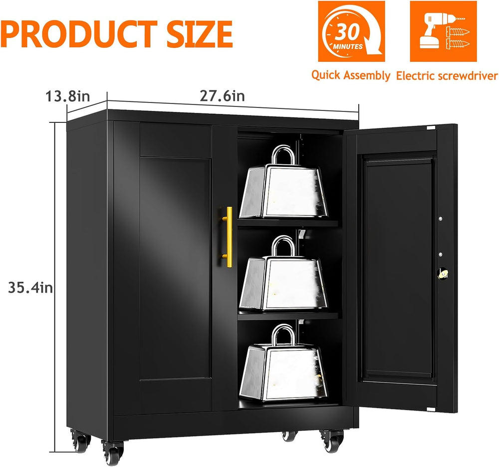 Metal Storage Cabinet with Wheels, 36" Tall Locking Storage Black