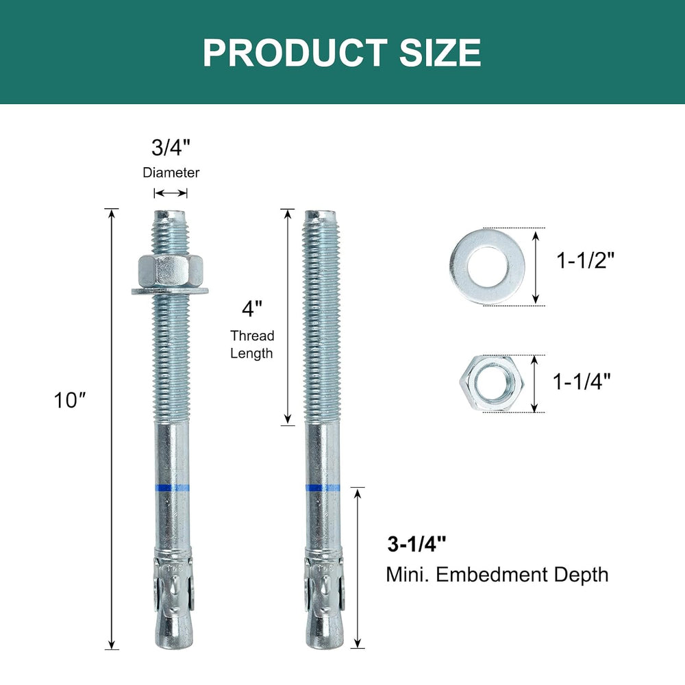 3/4" x 10" Concrete Anchors (10 Pack) 3/4 inch Wedge Anchors Bolts ...