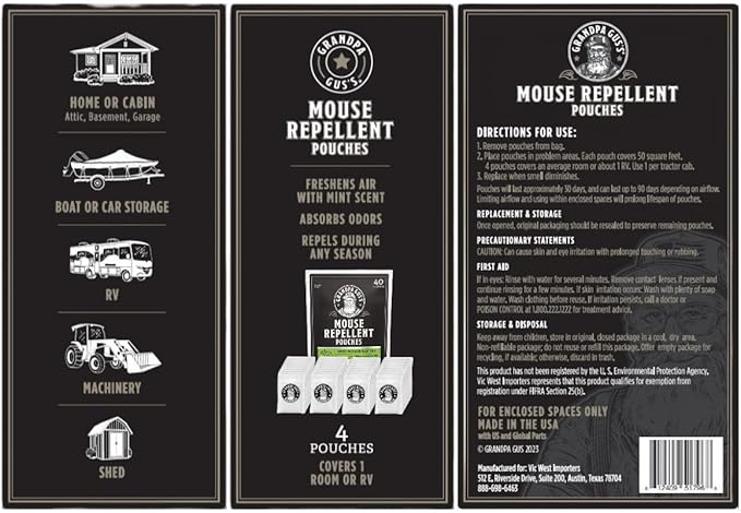 Grandpa Gus's Natural Mouse Repellent Pouches, Cinnamon/Peppermint Oils R...