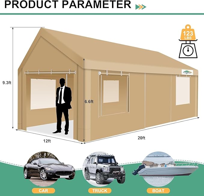 COBIZI Carport 12x20ft Heavy Duty Portable Garage, 2.0 Powder Coated Frame