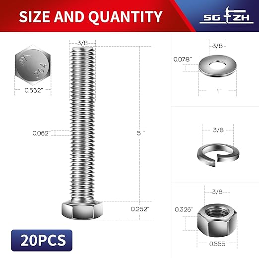 3/8-16 x 5" Hex Head Screw Bolt, Flat & Lock Washers, Fully Threaded...
