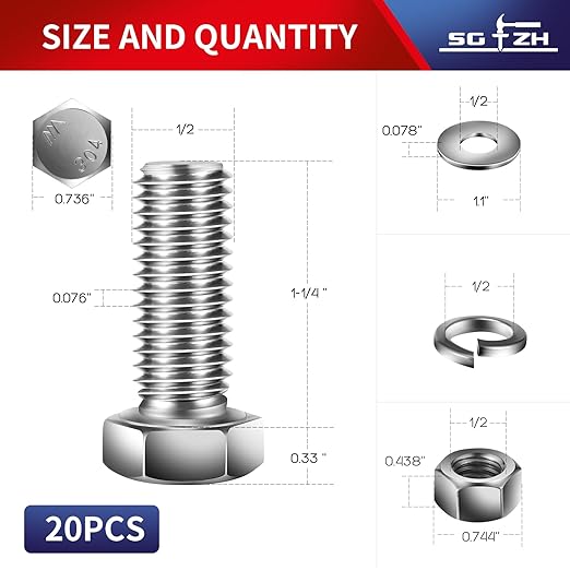 1/2-13 x 1-1/4" Hex Head Screw Bolt, Flat & Lock Washers, Fully Thre...