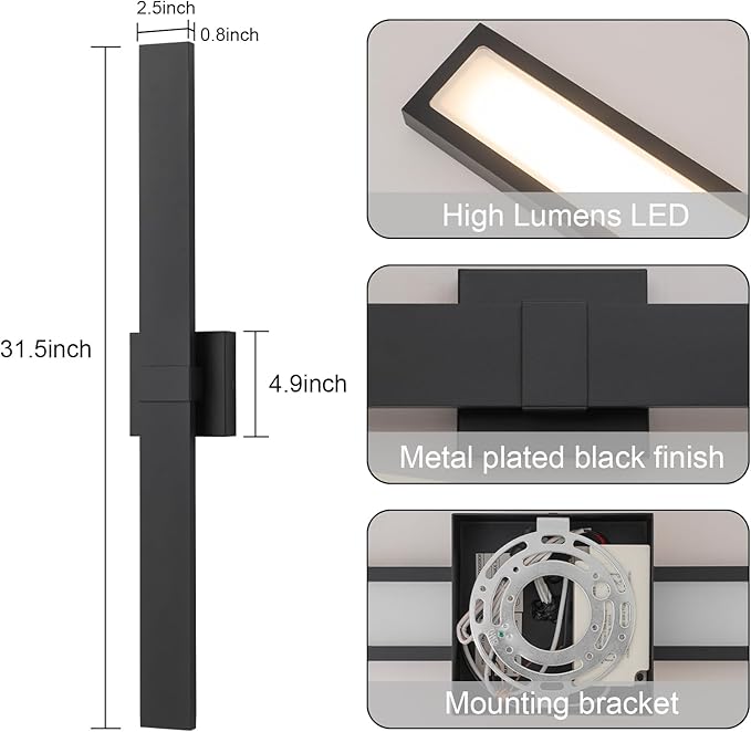 Black Modern LED Outdoor Wall Sconce 31.5" Long Outdoor Wall Lights Exte...