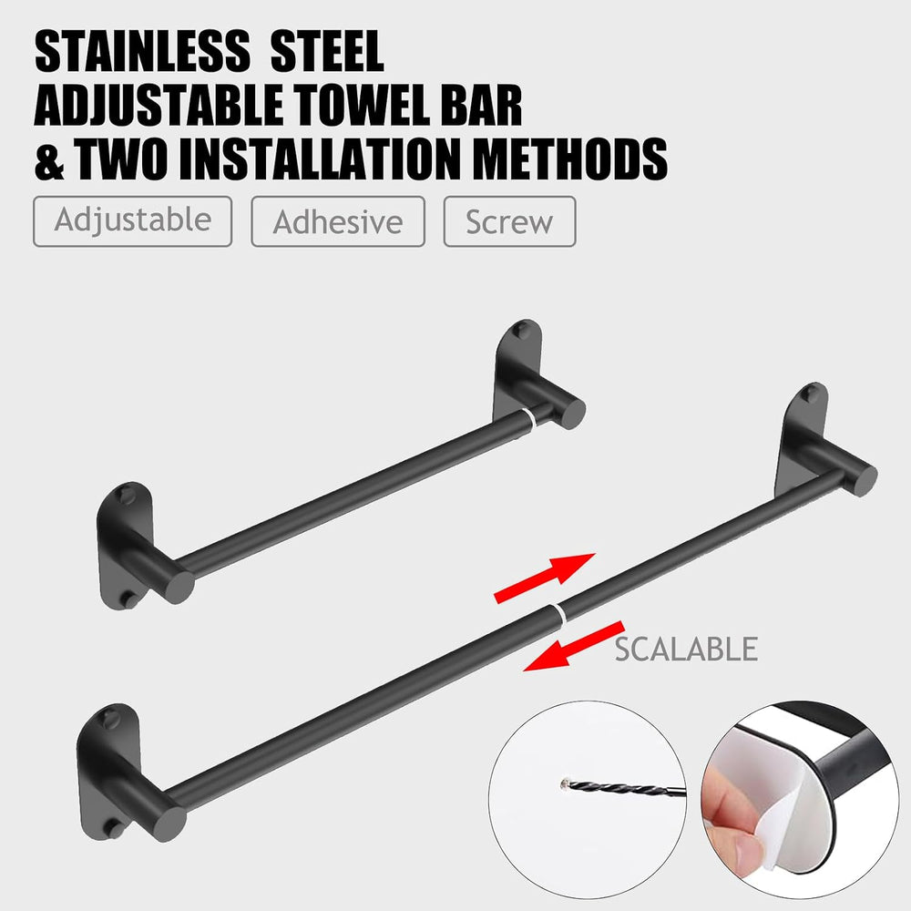 Towel Bar, Adhesive or Drill Wall Mount, Matte Black, 4 Pack