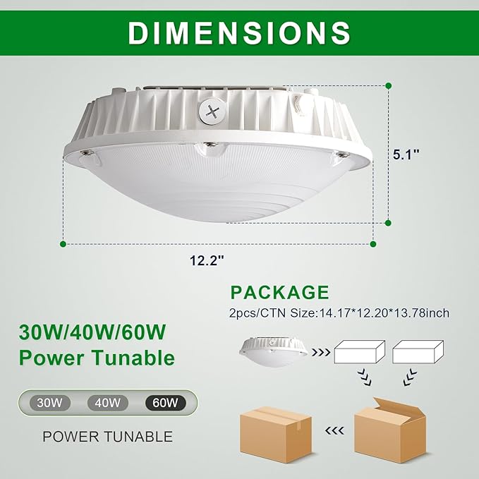 OSTEK LED Garage Light 30W/40W/60W LED Carport Canopy Lights 5000K 90-277V IP65