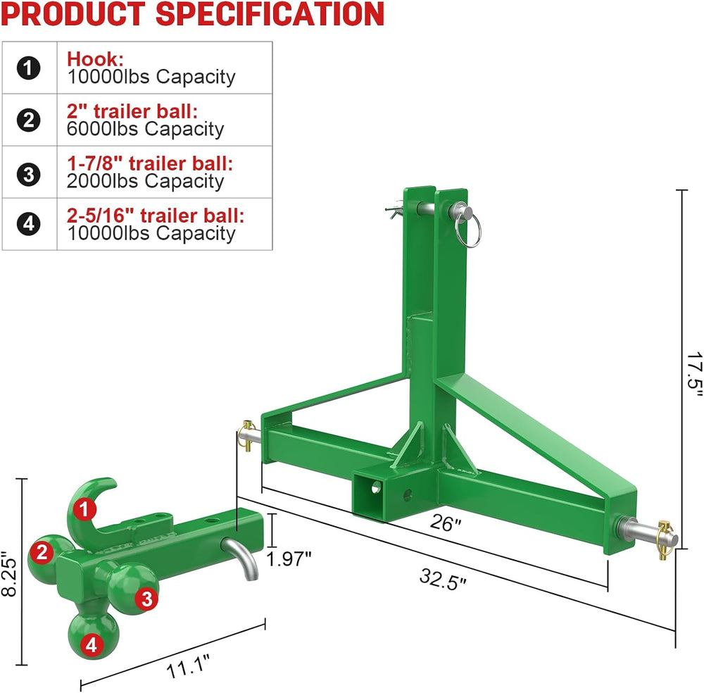 3 Point Trailer Hitch with 2' Receiver&Ball Hitch for Cat.1 Tractors ...