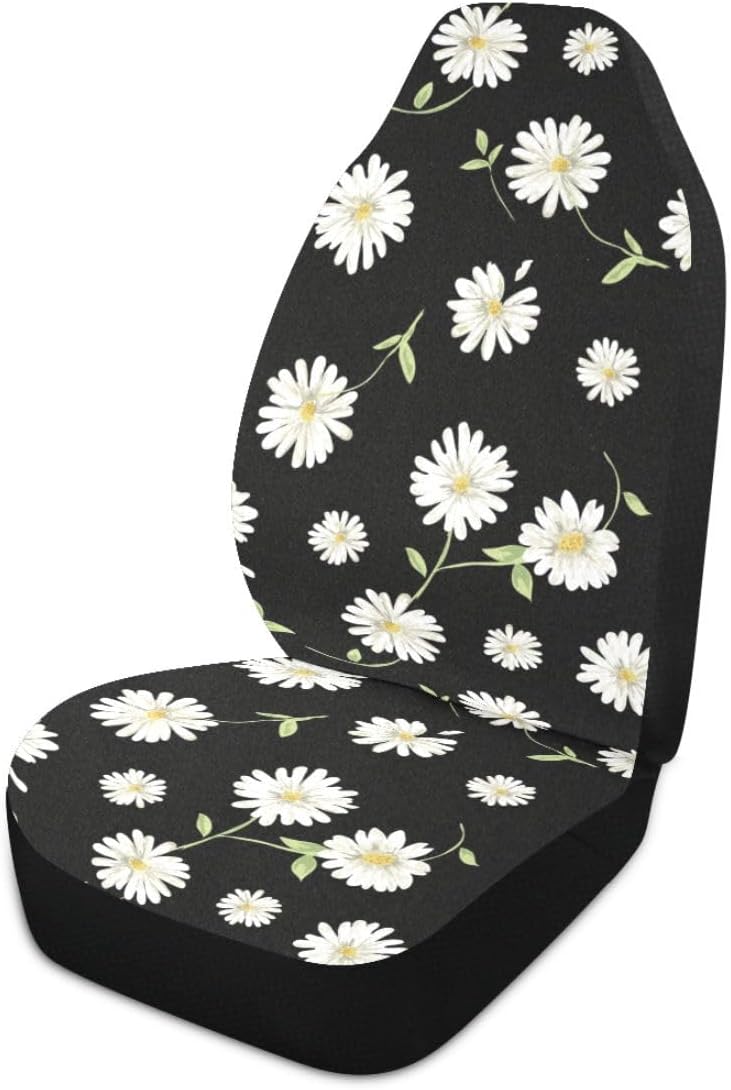 Daisy Car Seat Covers Set of 2,Cute Daisy Flowers Black Design Universal Auto...