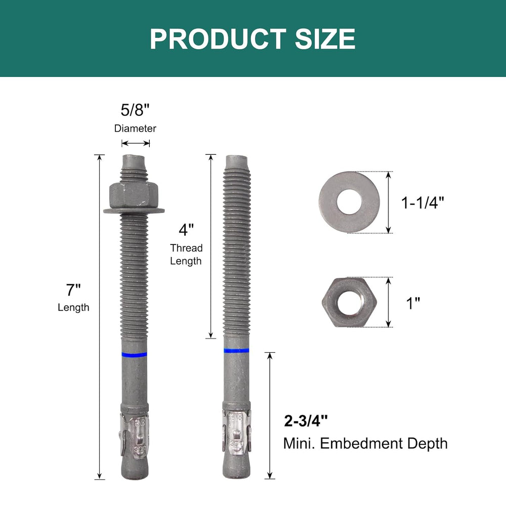5/8" x 7" Concrete Anchors (20 Pack) 5/8 inch Wedge Anchors Bolts H...