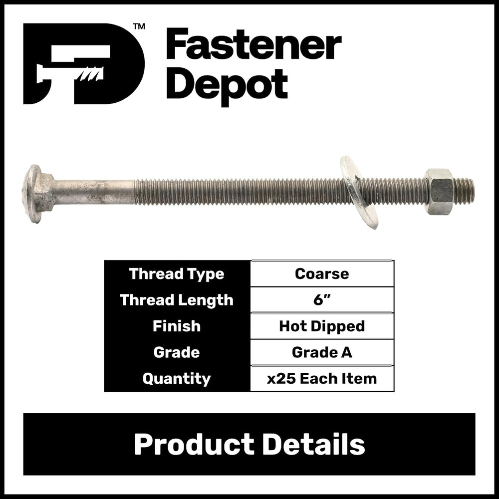 1/2"-13 x 9 (25 Sets) Hot Dipped Galvanized Carriage Bolt Kit for Exteri...
