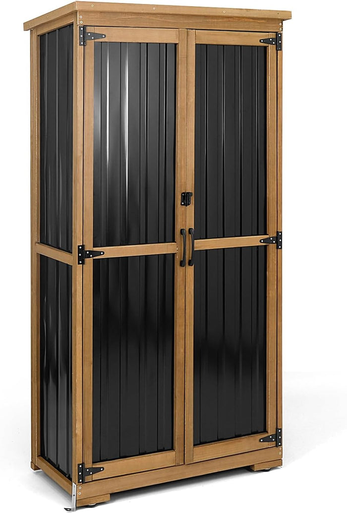 Outdoor Storage Cabinet, Wood & Metal Storage Shed with Weather-Resistant Roof, Removable Shelves, Lockable Doors, Outside Storage Tool Organizer for Garden, Patio, Backyard, Garage, Pool