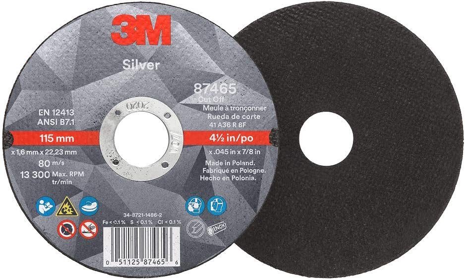 3M Silver Cut-Off Wheel, 87465, 36+, T1, 4.5 in x 0.045 in x 7/8 in