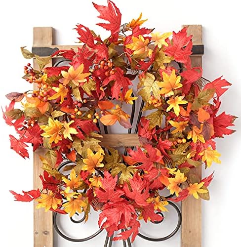 Idyllic 20 Inch Fall Wreath for Front Door - Maple Leaves Autumn Wreath for T...