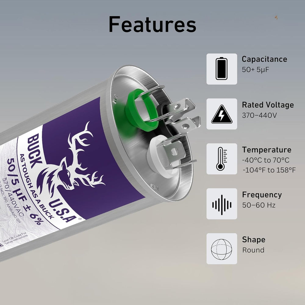 Buck 50+5uF 50/5 MFD ±6% CBB65B Dual Run Round Start Capacitor - Ideal for HV...