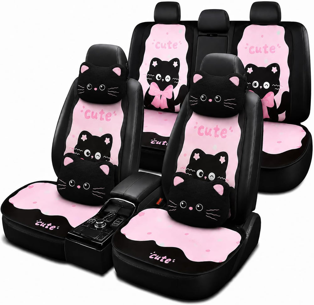 Cute Cat Car Seat Covers For Daily Commutes And Women's Car Decor-11PCS