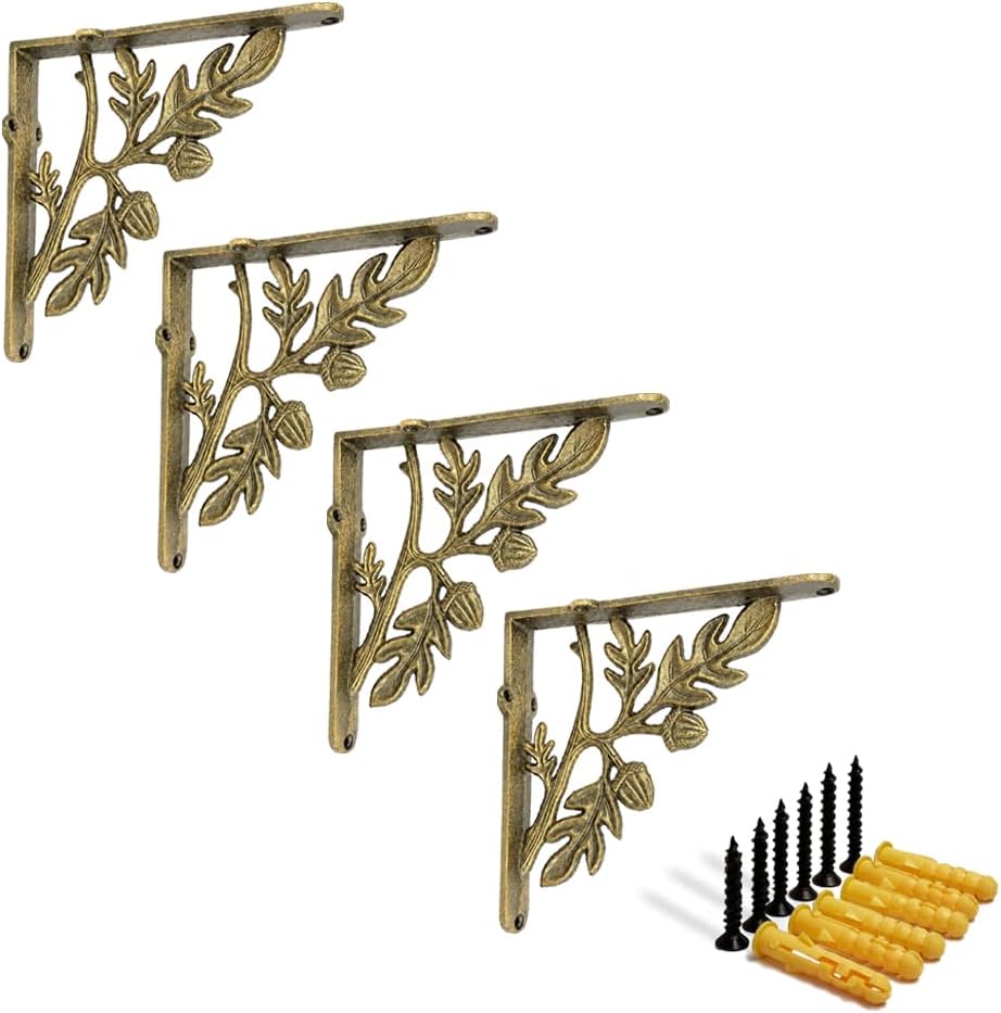 NACH Decorative Shelf Brackets, 4 Pack of 7 x 1.8 x 7 inch, Gold Cast Iron Ru...