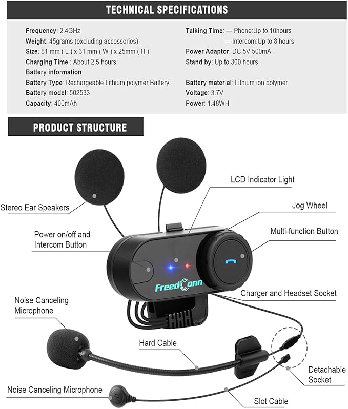 FreedConn Motorcycle Bluetooth Headset, TCOM VB 2-Way 800M Helmet Communicati...