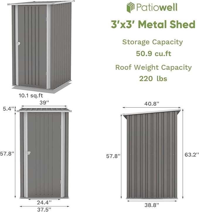 Patiowell 3 x 3 FT Outdoor Storage Shed, Small Garden Tool Storage Shed