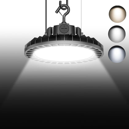 BBESTLED LED High Bay Lights, 150W UFO High Bay LED Shop Lights, 22500LM Adjustable CCT(5700K 5000K 4500K) & Power(150W 120W 80W), 0-10V Dimmable, 5' Cable Plug, IP65 Waterproof, ETL Listed High Bay