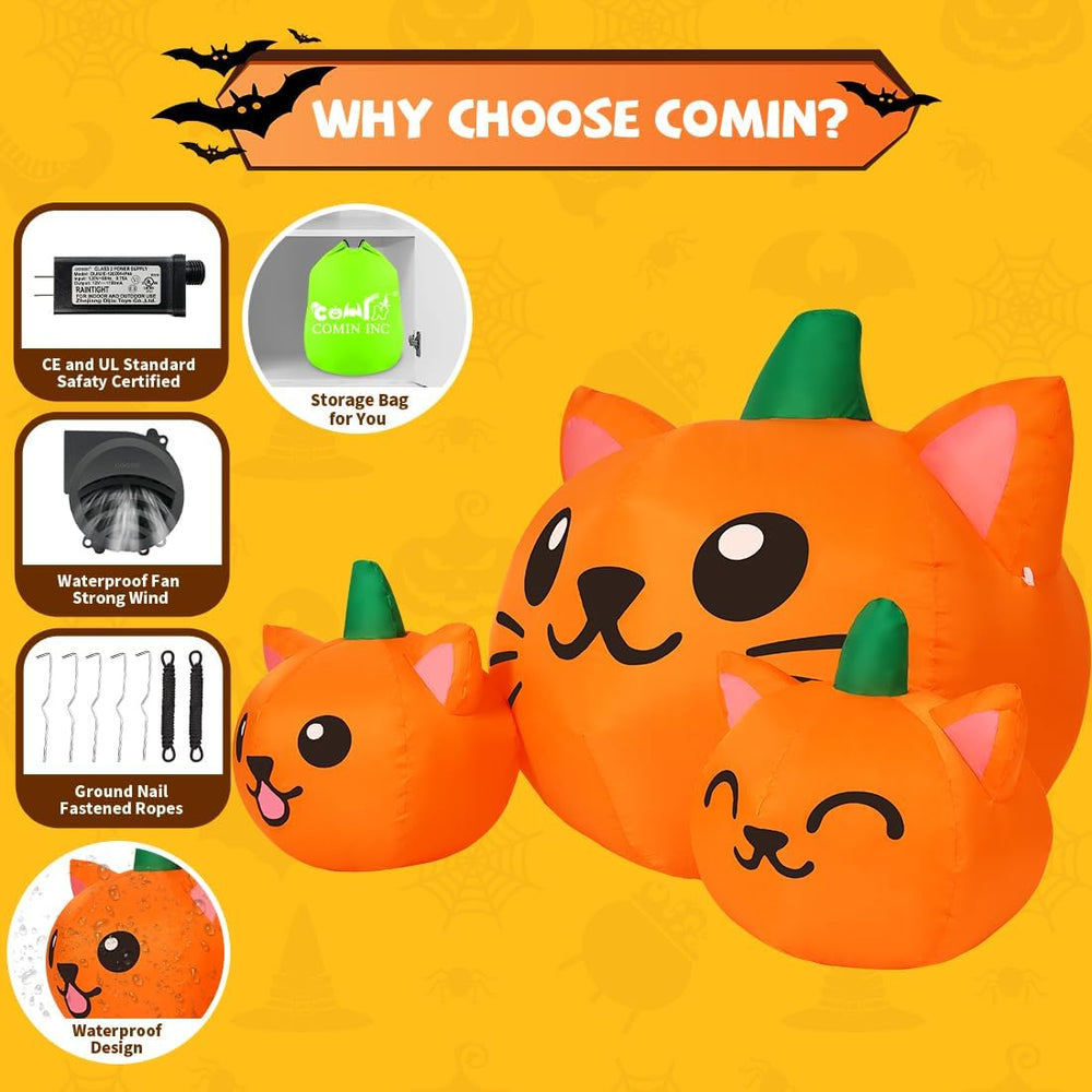 COMIN Halloween Inflatable 5FT Long Three Pumpkin Cat Head Combo with Built-i...