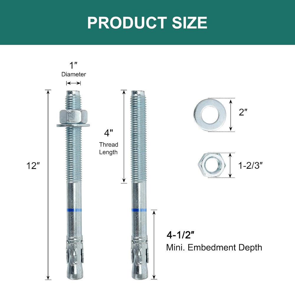 1" x 12" Concrete Anchors (5 Pack) 1 inch Wedge Anchors Bolts Zinc ...