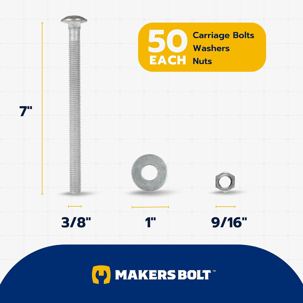 3/8" x 7" (50 Pack) Galvanized Carriage Bolt Kit, Grade 307A, Hot D...