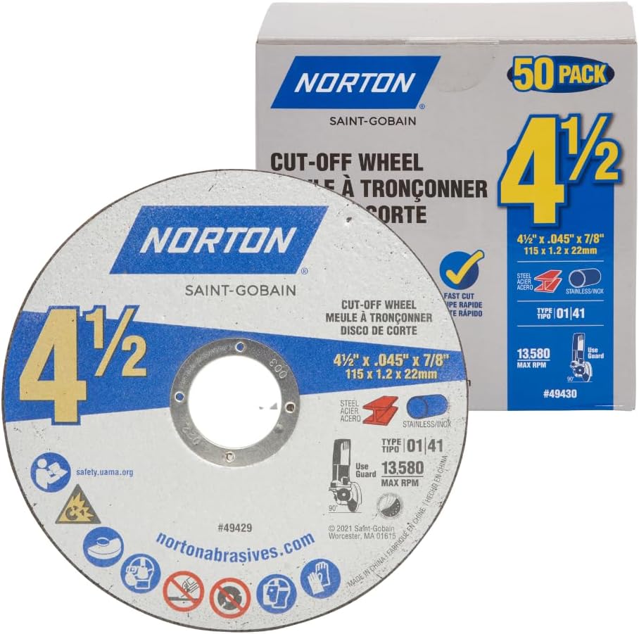 Norton Cut Off Wheels 50-Pack, 4 1/2 Inch High Performance Metal & Stainl...
