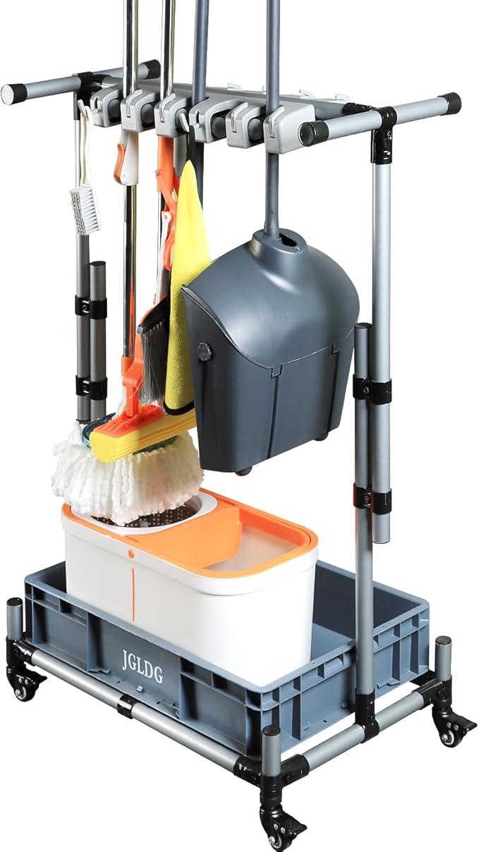 Freestanding Mobile Cleaning Tool Storage Rack, Mop and Broom Holder