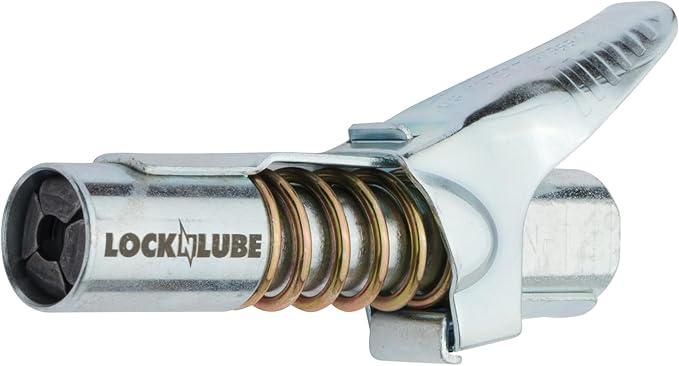 LockNLube Grease Gun Coupler locks onto Zerk fittings. Grease goes in, not on
