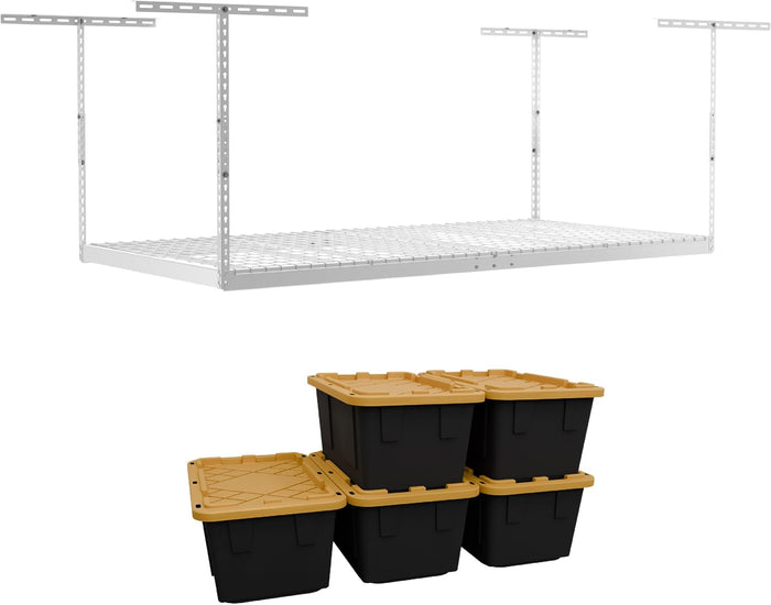 MonsterRAX 4x8 Rack and Bins Bundle | 4’ x 8’ Overhead Rack w/Storage Bins (White, 24"-45")