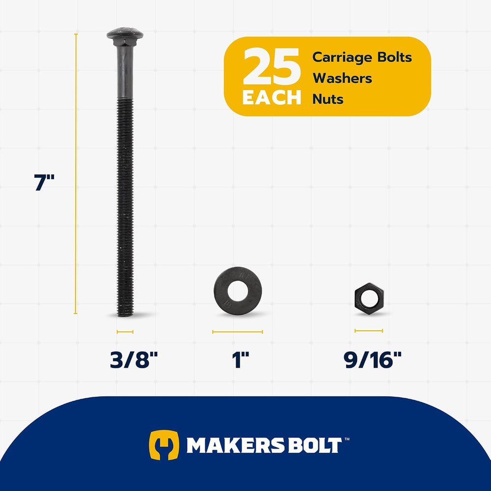 3/8" x 7" (25 Pack) Black Carriage Bolt Kit, Grade 307A, Ceramic Co...